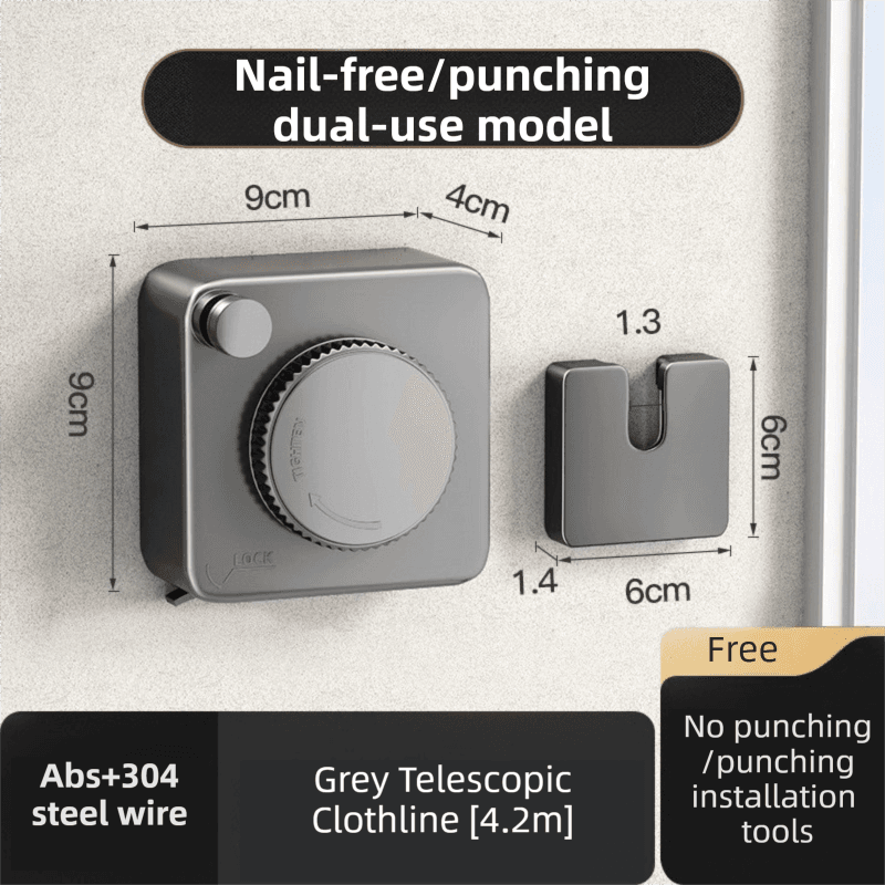 Grey 4.2M Heavy Duty Invisible Retractable Clothesline - Rustproof