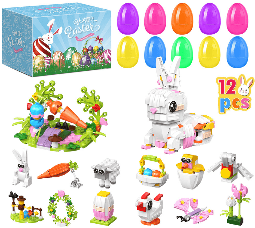 12-Piece Pre-filled Easter Eggs with Mini Building Block Toys - Creative