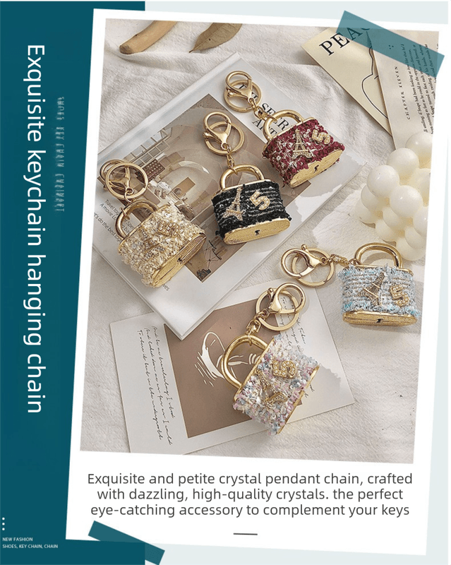 Beige Sparkling Rhinestone Lock Keychain - 3D Mini Handbag Charm with Alloy
