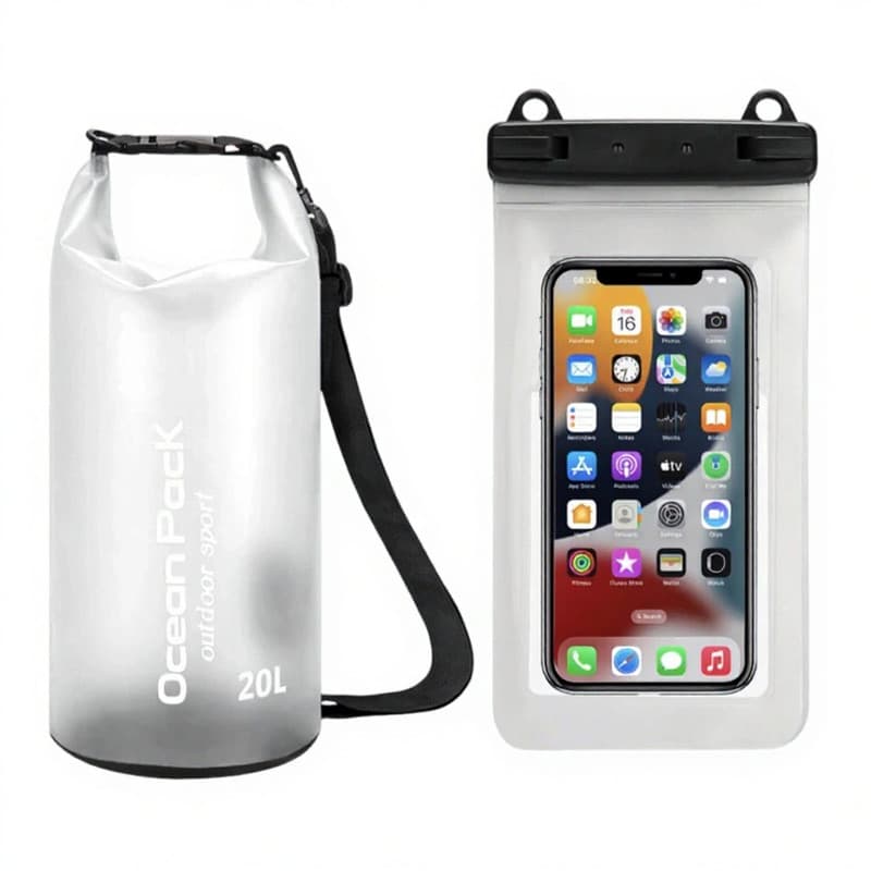 White 20L PVC Waterproof Swimming Bag Bonus with Waterproof Phone Pouch