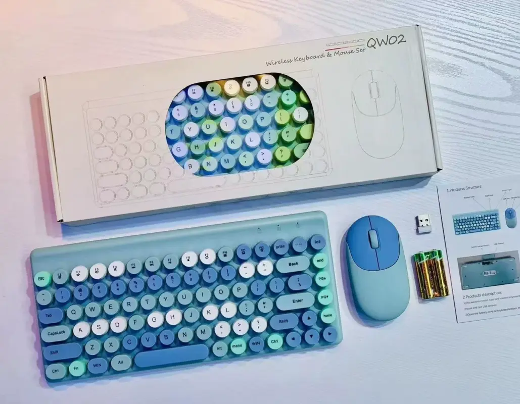 Wireless Keyboard & Mouse Combo - Retro Round Keycaps, 2.4GHz - Blue
