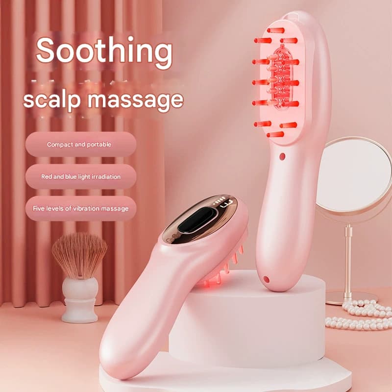 Electric Scalp Massager Comb with Red & Blue Light Therapy - 5 - Pink