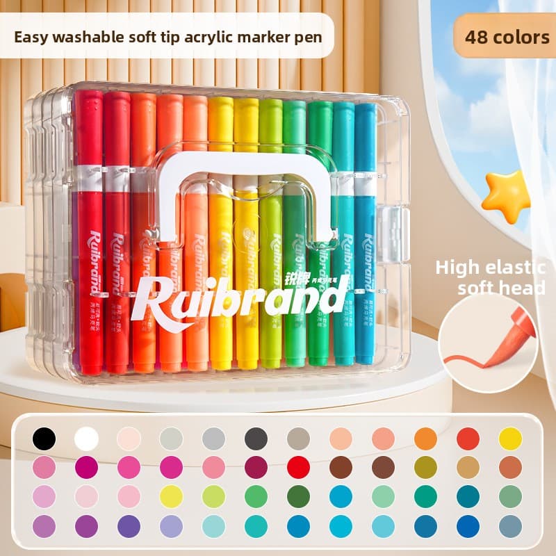 48 Colors Ruibrand Kids Washable Acrylic Markers Set - Non-Toxic, Blendable