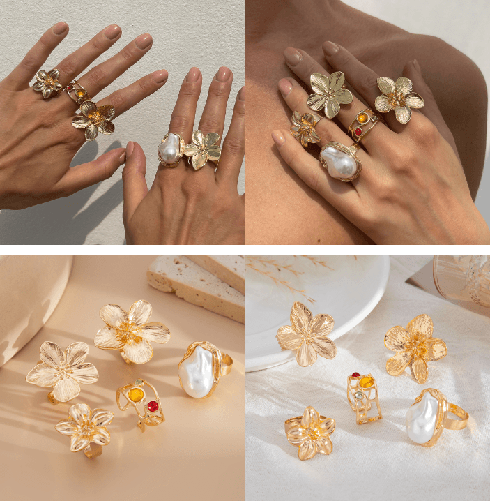 5-Piece Molten Gold Tone Ring Set - Vintage Baroque Flowers, Large Faux