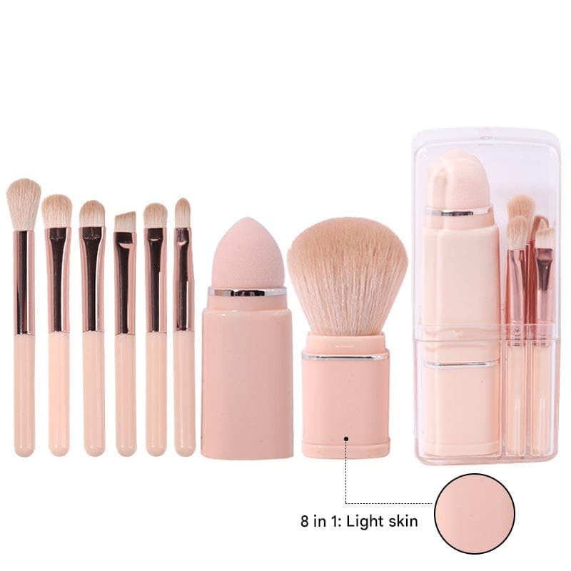 Lighgt Pink Compact 8-in-1 Makeup Brush Set - Portable Travel Kit