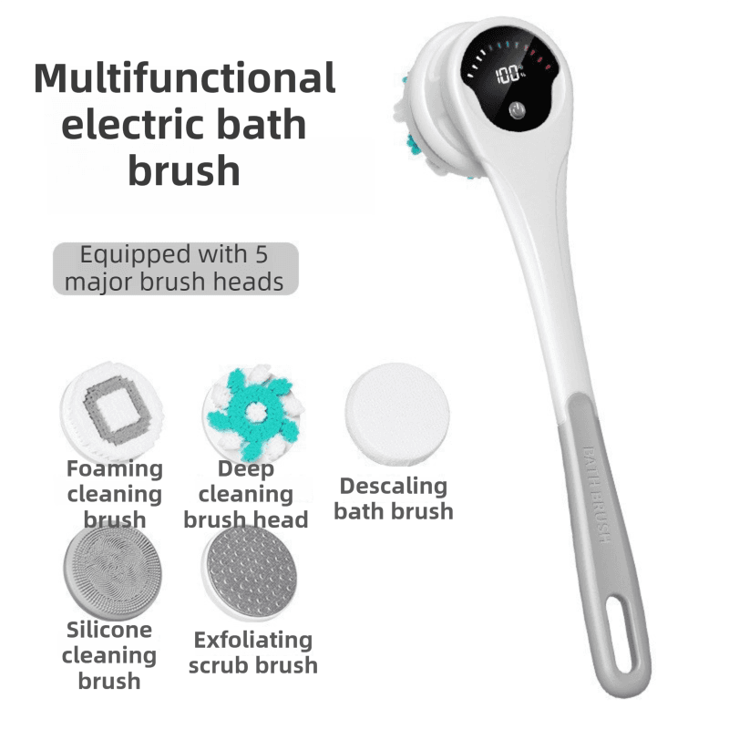 Grey Electric 360°Rotating Shower Brush with Long Handle for Back Scrubbing