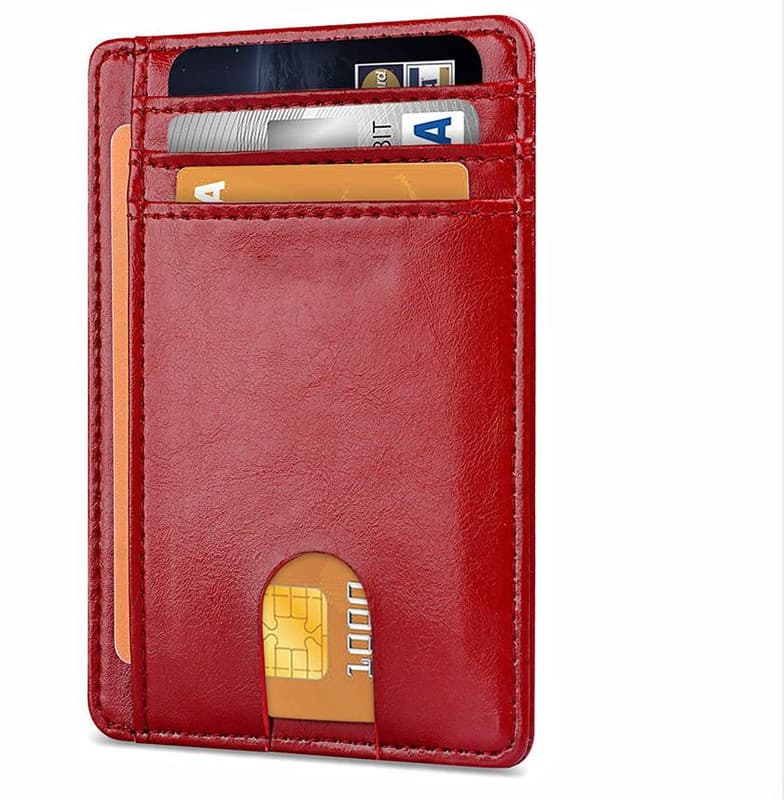 Slim Minimalist Leather Wallet with ID Window & RFID Blocking - Holds - Red