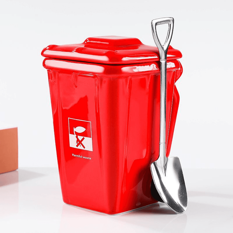 Red Creative Trash Can Ceramic Mug with Shovel Spoon - 400 ml Funny Garbage