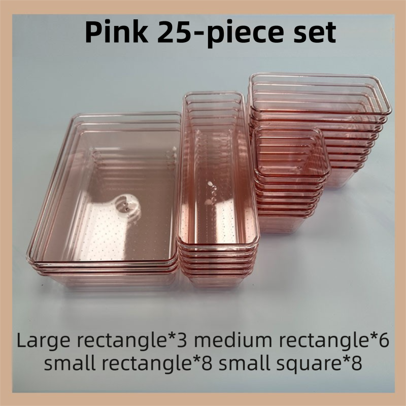 25-Piece Pink Transparent Stackable Organizer Set - 4-Size Versatile Desktop
