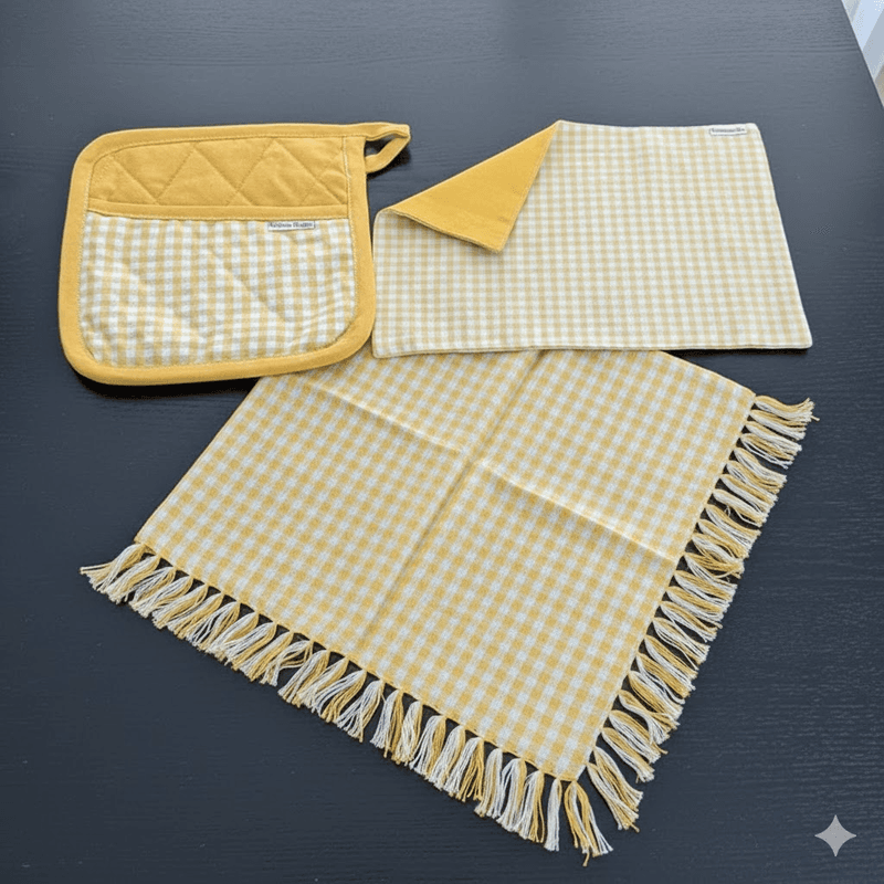 3-Piece Yellow Gingham Cotton Kitchen Linen Set - Reversible Placemat