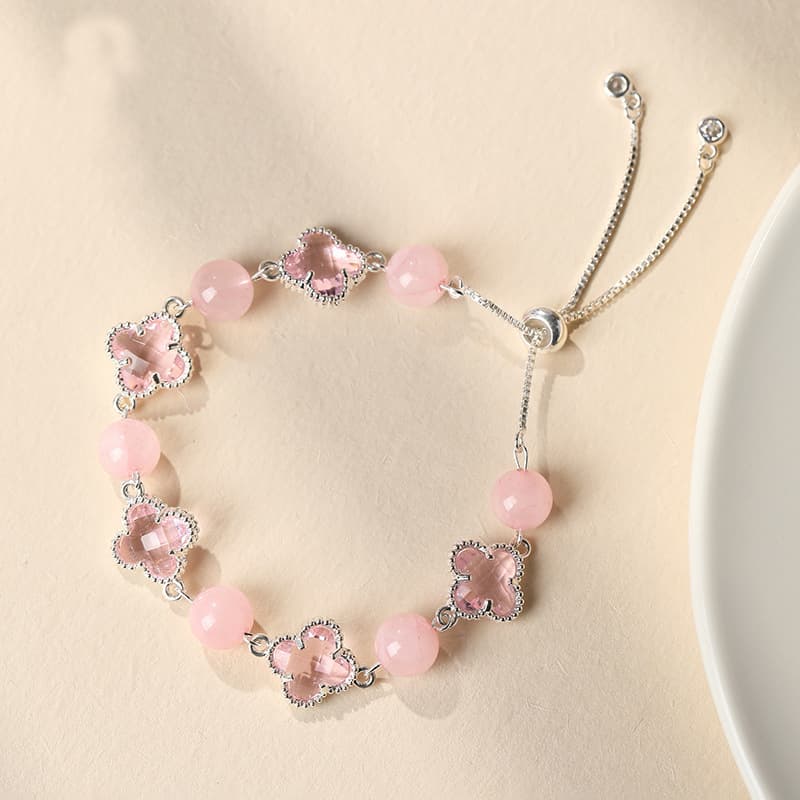 Natural Pink Crystal Four-Leaf Clover Bracelet - Adjustable Silver-Tone Bolo