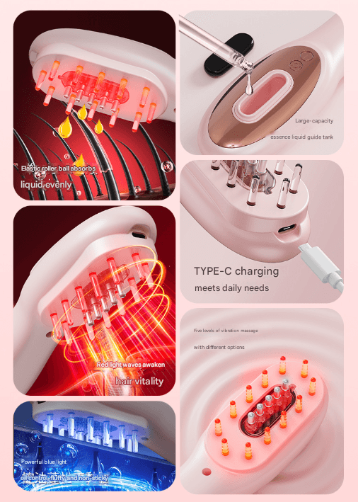 Pink Rechargeable Electric Scalp Massager with Red & Blue Light Therapy