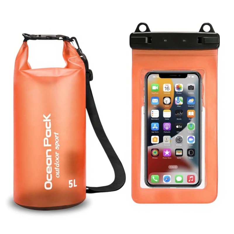 Orange 5L PVC Waterproof Swimming Bag Bonus with Waterproof Phone Pouch