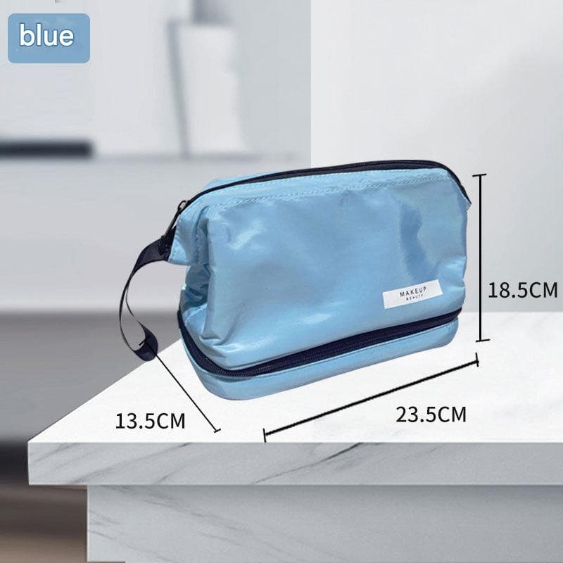Blue Dual-Compartment Makeup & Toiletry Bag - Large Capacity Travel