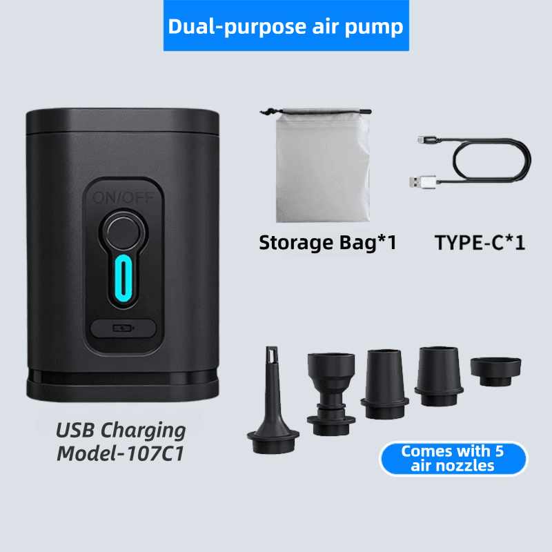 Black Wireless Rechargeable Vacuum Pump with 5 Versatile Nozzles - 2-in-1