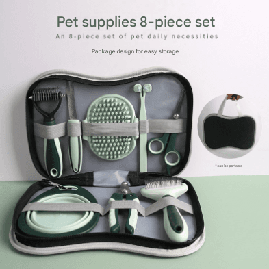 Grey and Green Complete 8-Piece Pet Grooming Kit - Essential Dog & Cat Care
