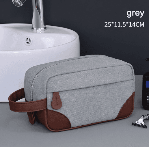 Grey Men's Vintage Canvas Toiletry Bag PU Leather Accent Travel Wash Pouch