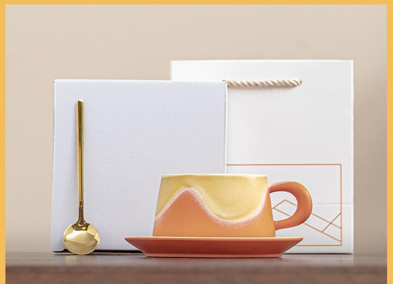 Artistic Ceramic Coffee Cup & Saucer Set with Spoon - Gradient - Orange