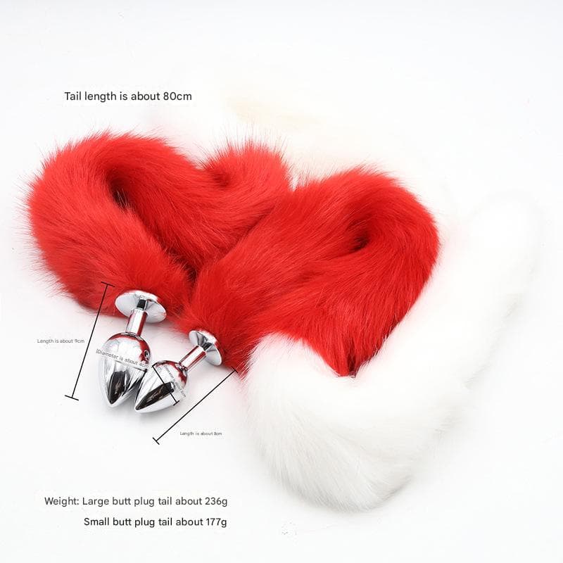 Extra Long Faux Fur Tail with Metal Anal Plug - White and red-large