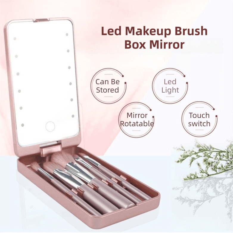 Pink Portable LED Makeup Mirror with Lights & Brushes (9 × 2.5 × 16 cm)
