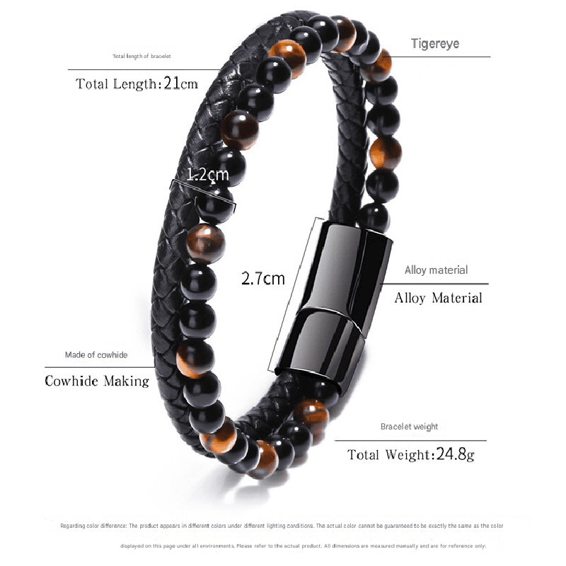 Natural Tiger Eye Stone Men's Leather Bracelet with Magnetic Clasp Beaded