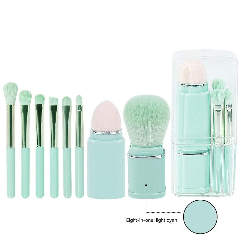 Lighgt Cyan Compact 8-in-1 Makeup Brush Set - Portable Travel Kit