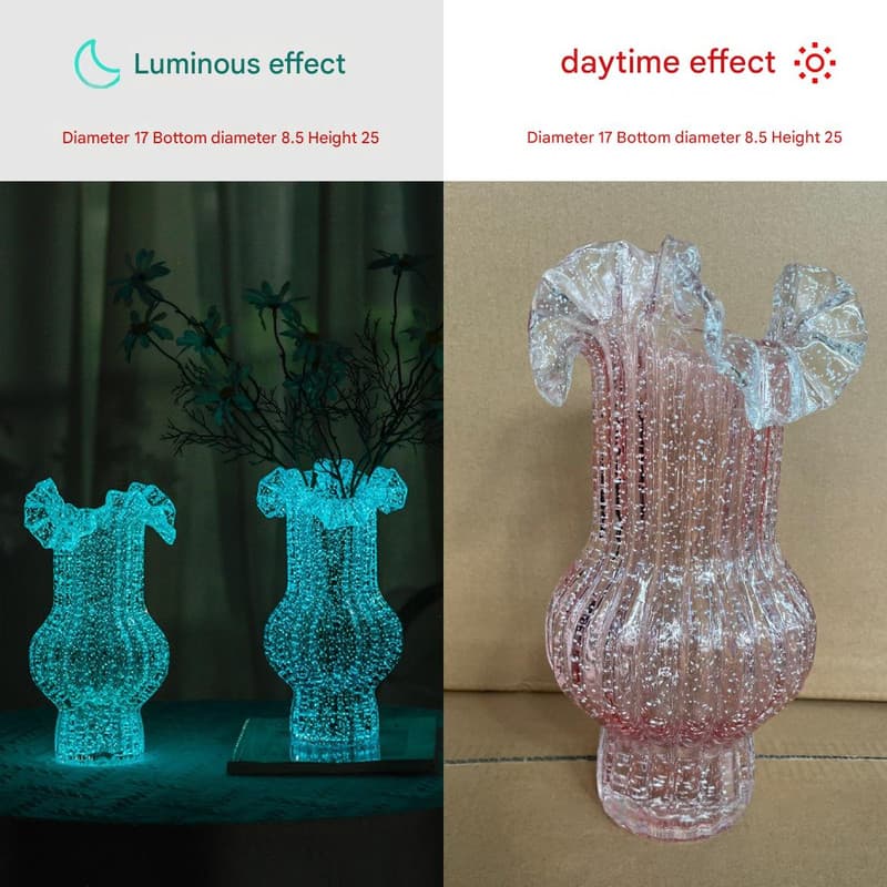 Pink Glow-in-the-Dark Glass Vase - Vintage-Style Ruffled & Ribbed