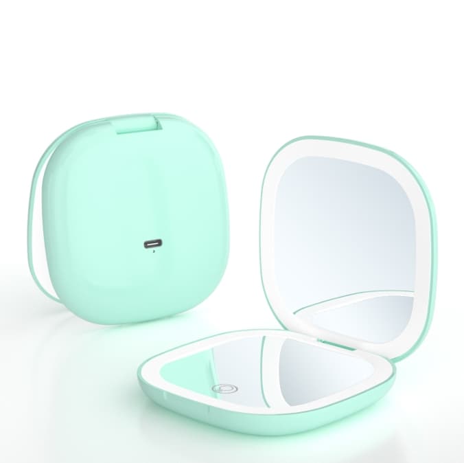 2-piece Green Portable LED Makeup Mirror - Rechargeable Compact with 3-Color