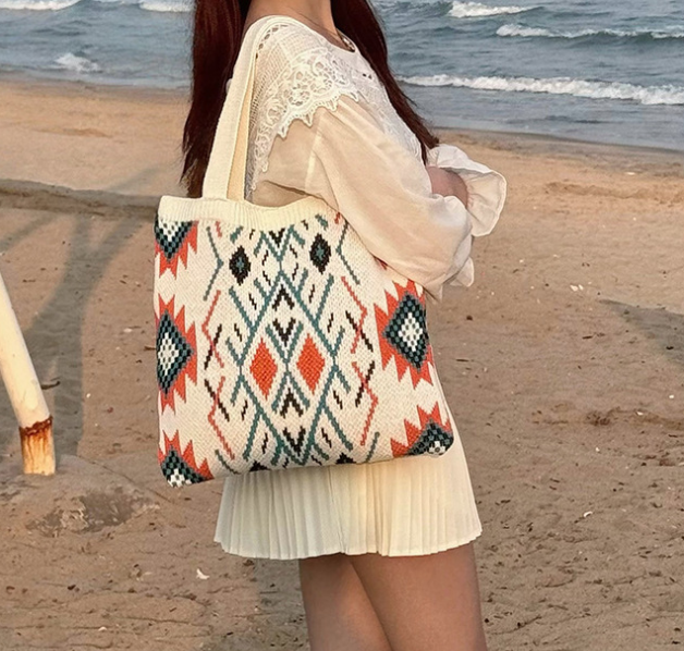Beige Bohemian Tribal Print Knit Tote Bag - Large Capacity Woven Style