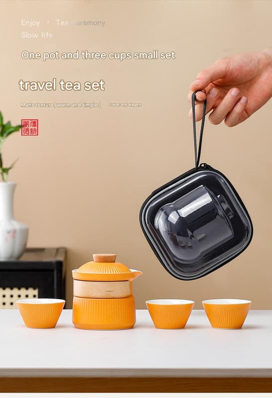 Portable Ceramic Travel Tea Set - One Pot Three Cups with Carrying - White
