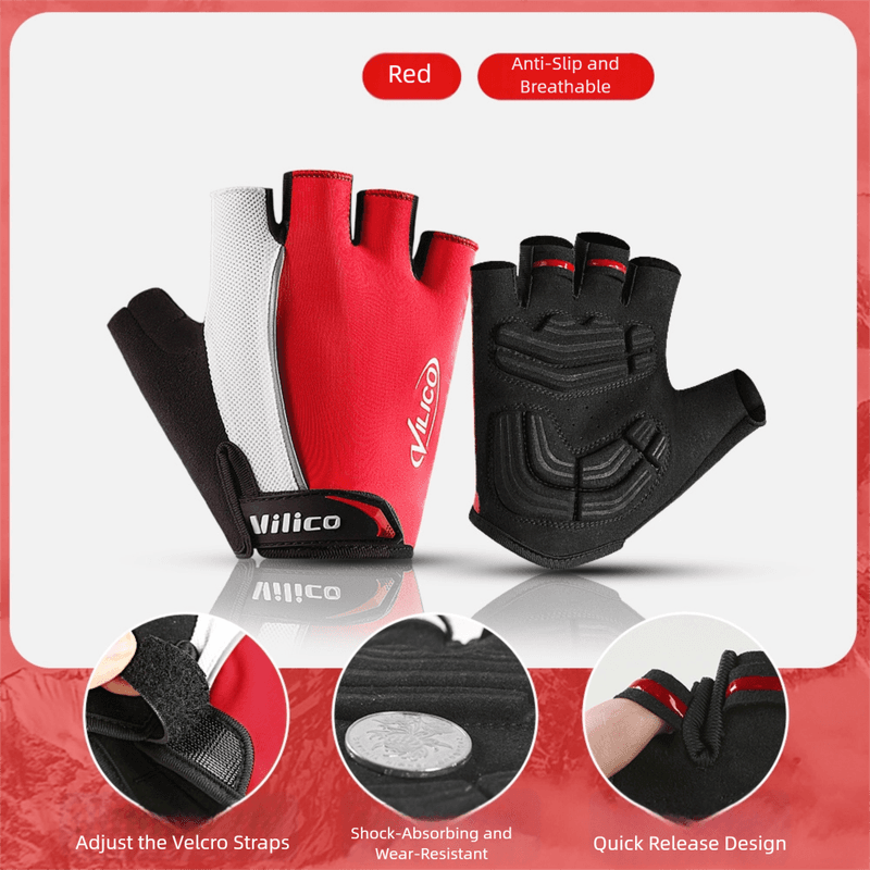 Size M Red Padded Half-Finger Cycling Gloves - Breathable Shock-Absorbing