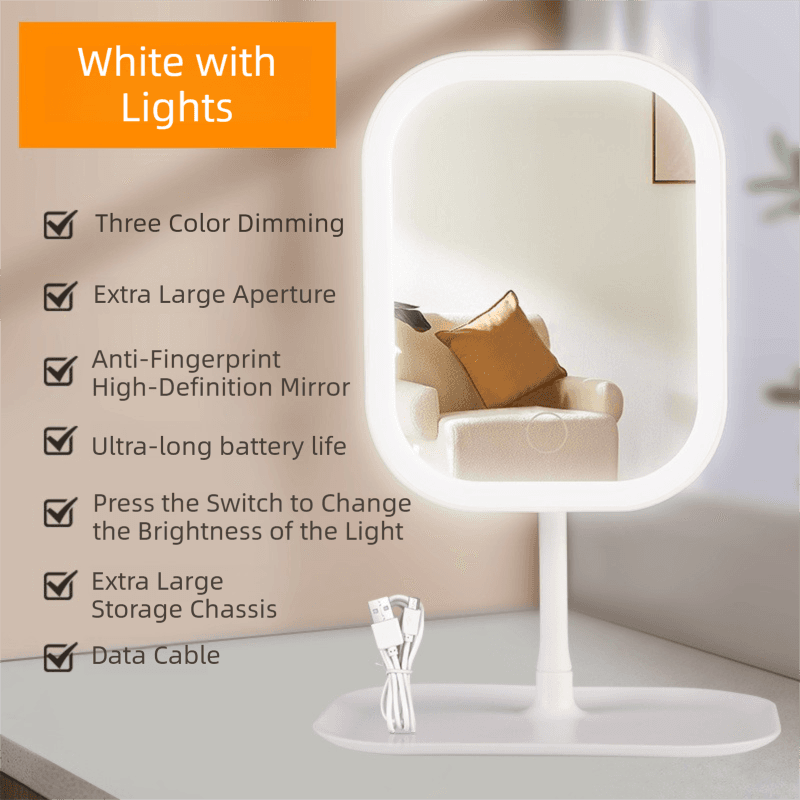 Portable LED Makeup Mirror with Integrated Fill Light & Storage - White