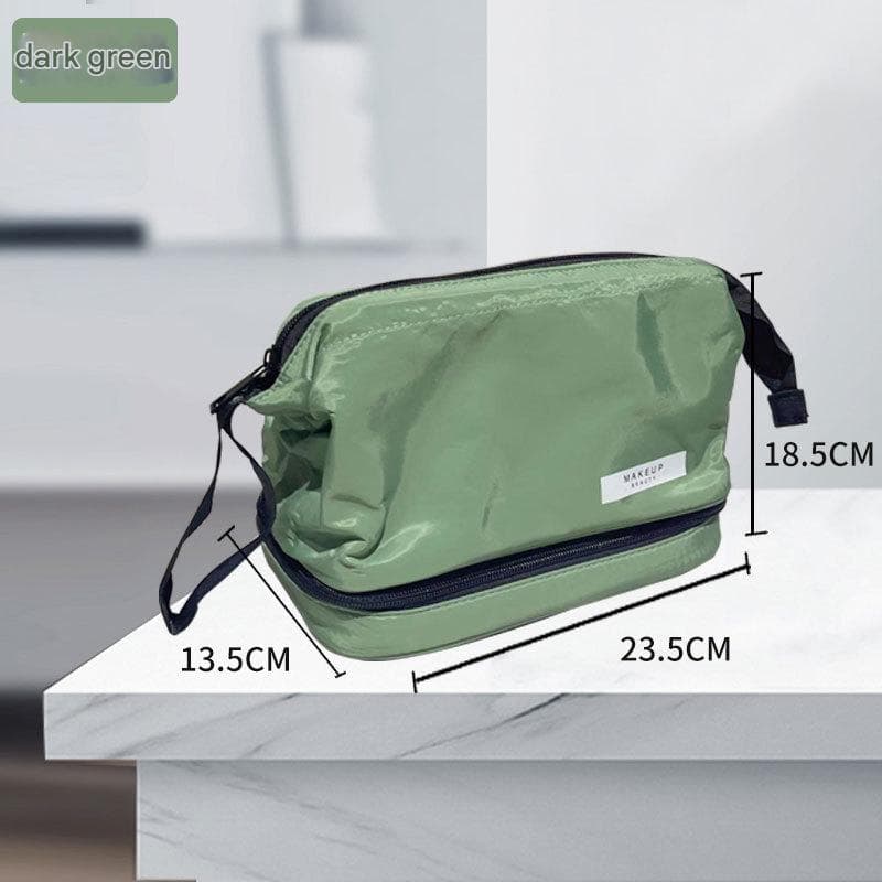 Dark Green Dual-Compartment Makeup & Toiletry Bag - Large Capacity Travel