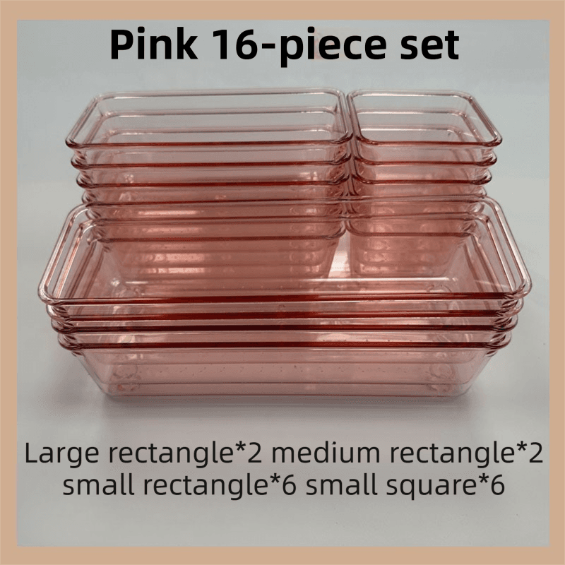 16-Piece Pink Transparent Stackable Organizer Set - 4-Size Versatile Desktop
