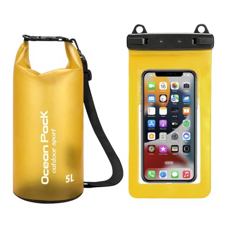 Yellow 5L PVC Waterproof Swimming Bag Bonus with Waterproof Phone Pouch