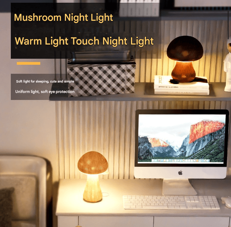 Dark Brown Solid Wood Mushroom LED Table Lamp - Rechargeable Touch - Large