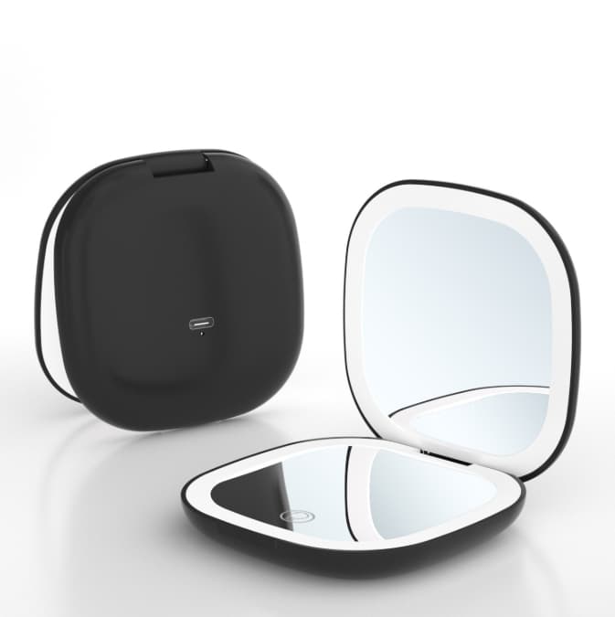 2-piece Black Portable LED Makeup Mirror - Rechargeable Compact with 3-Color