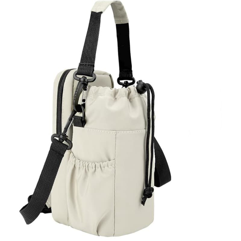 Beige Portable Crossbody Water Bottle Holder with Multiple Pockets - Thermal