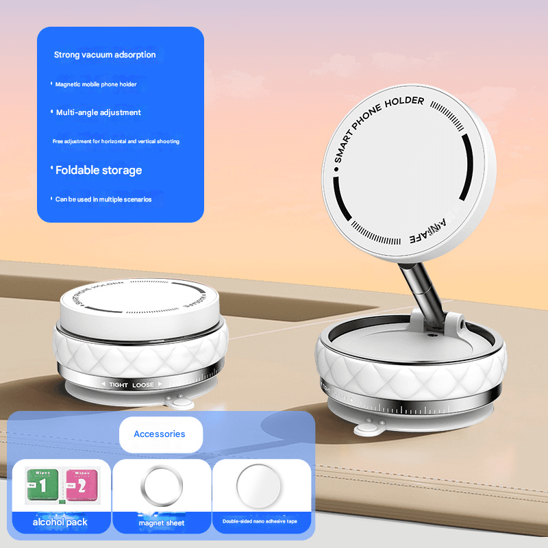 White Foldable Magnetic Phone Holder with Vacuum Suction - Multi-Angle