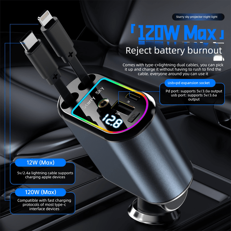 120W 4-in-1 Retractable Car Charger Adapter Fast Charging Dual Cables Type-C