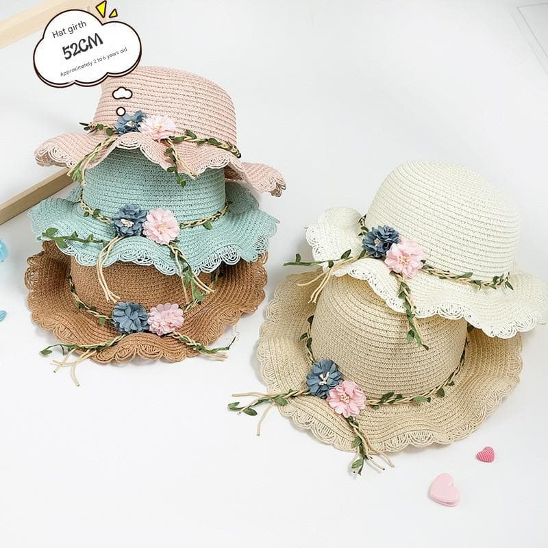 Pink Girls Summer Princess Straw Hat and Matching Purse Set - Breathable