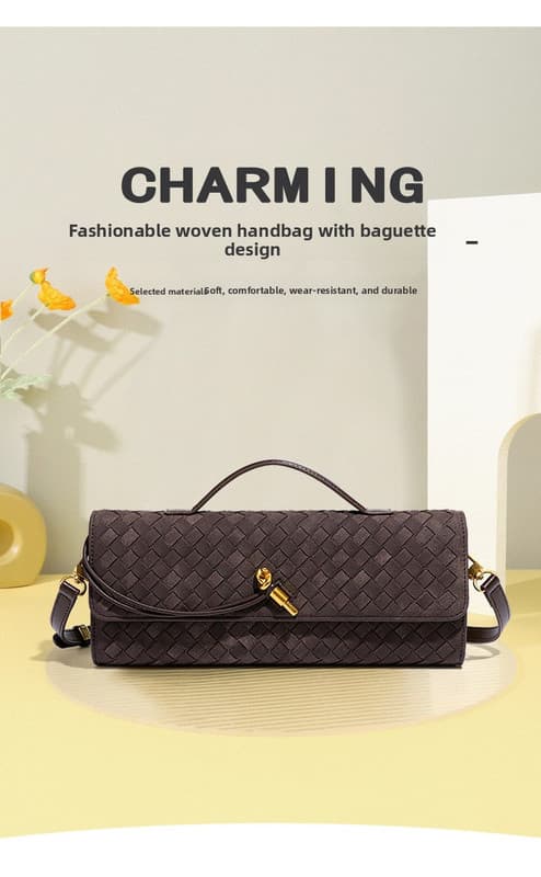 Retro Woven Baguette Handbag for Women Suede Texture PU Leather Shoulder