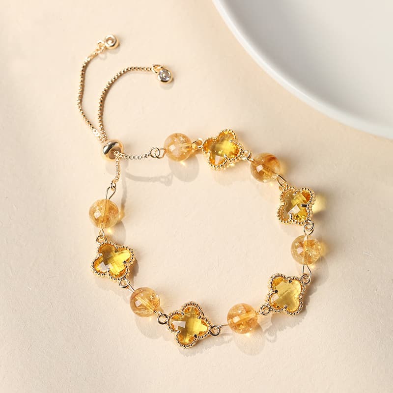 Natural Yellow Crystal Four-Leaf Clover Bracelet - Adjustable Silver-Tone