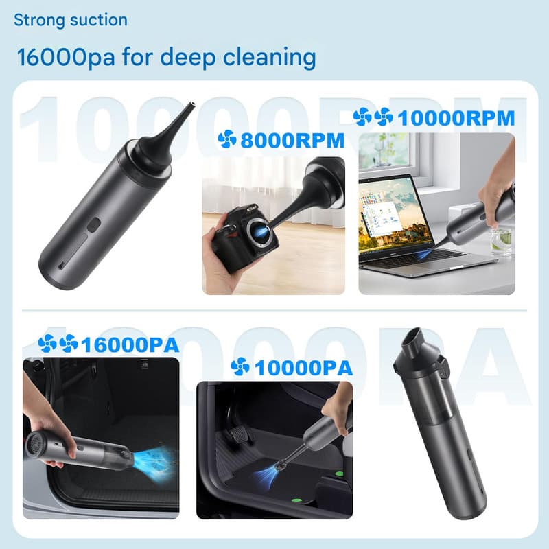 Portable Cordless Handheld Vacuum Cleaner - 16000Pa Suction - Black