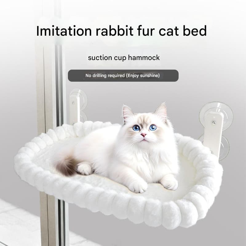 Grey Plush Cat Window Hammock with Strong Suction Cups, Faux Rabbit Fur Pet
