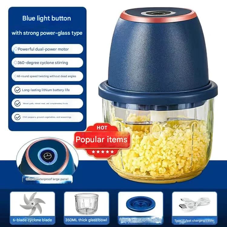 Electric Mini Garlic Chopper with Glass Bowl - USB Rechargeable, 6 - Blue
