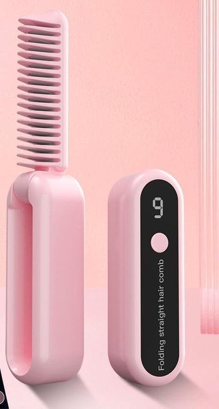 Foldable Wireless Hair Straightener Comb - 9 Temperature Settings - Pink