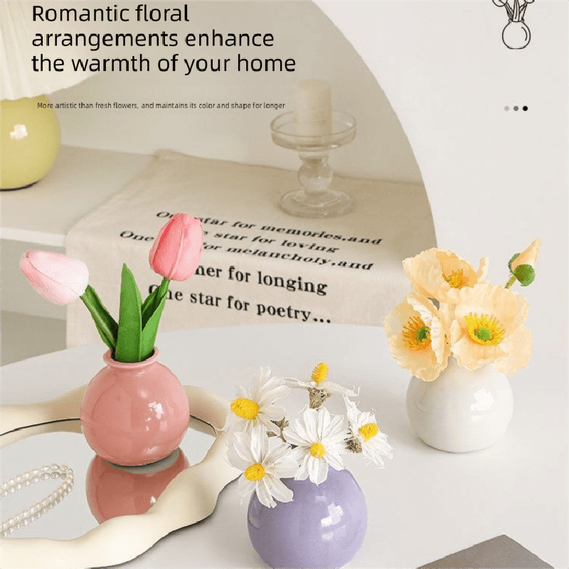 Ceramic Vase with Artificial Flowers Set - Mini Decorative Pot for Home
