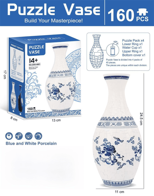 160-Piece Blue and White Porcelain 3D Puzzle Vase - DIY Interlocking Flower