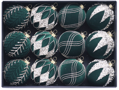 Green 12-Piece 8 cm Christmas Bauble Set - Colorful Flocked Tree Ornaments